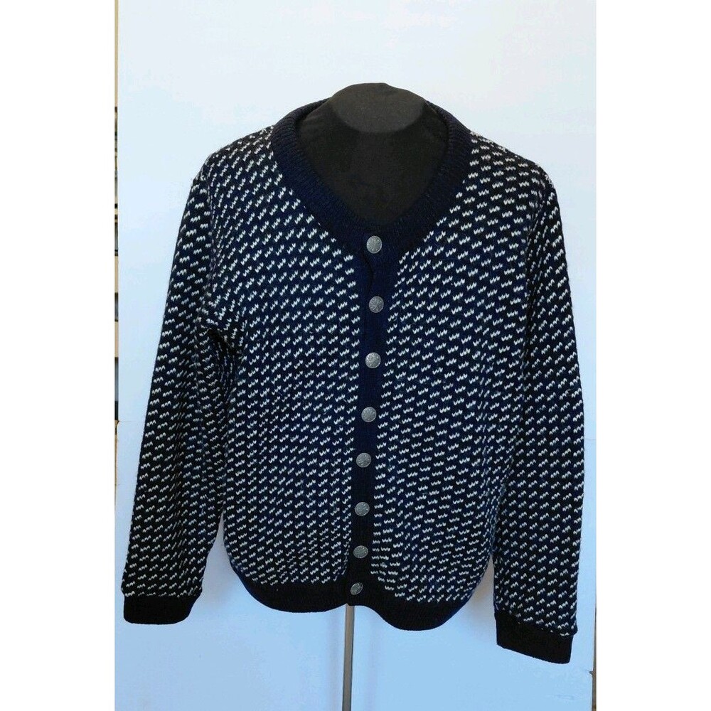 Vintage L.L Bean 1980s Birdseye Norwegian Navy/White Cardigan Size L 80% Wool